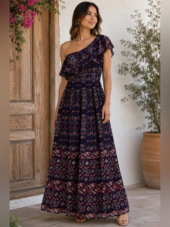 Vince Camuto Dresses & Skirts - Vince Camuto One Shoulder Floral Blue Red Maxi Dress Smocked Waist Ruffle Size 8
